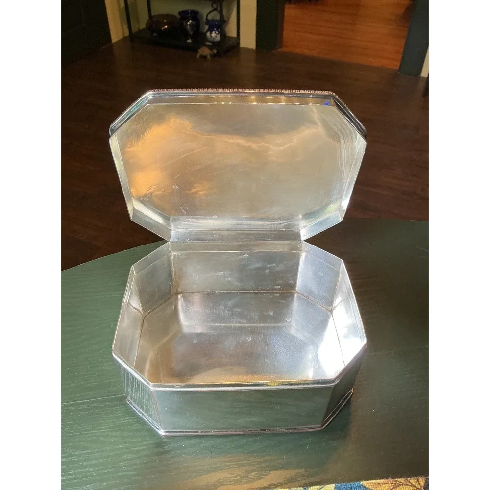 Vintage Silver Over Copper Octagonal Trinket Box Hinged Biscuit Jewelry Case